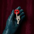 Elegant red lips and crystal hand gesture brooch for women's fashion accessories. - Red Lips Gesture