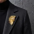 Detailed gold-plated Native American chieftain brooch with sparkling rhinestone decor. - Gold Chief Head