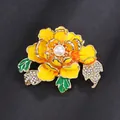 Elegant yellow peony flower brooch pin with center faux pearl and rhinestone leaves - Yellow