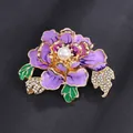 Elegant purple peony flower brooch with a central pearl and sparkling crystals in Chinese style - Purple