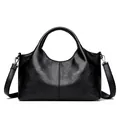 Elegant black soft leather handbag with large capacity and detachable shoulder strap - Black