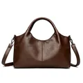 Elegant deep brown soft leather handbag with top handles and adjustable shoulder strap - Coffee