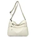 Minimalist white washed leather crossbody bag featuring multi-pockets and adjustable strap - White