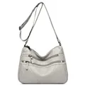 Classic light gray soft leather crossbody shoulder bag with multiple zipper pockets - Light Gray