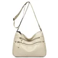 Vintage cream washed leather crossbody bag with multiple front zipper pockets for women - Beige