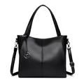 Stylish large capacity black leather tote bag with kangaroo logo and shoulder strap - Black