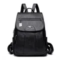 Stylish black faux leather backpack for women with kangaroo logo and large space - Black