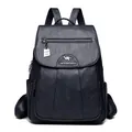 Large capacity black faux leather women's backpack featuring metallic kangaroo logo detail - Dark Blue
