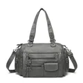 Bolso de moto gris de cuero lavado con múltiples bolsillos para mujer, bolso bandolera - Gris