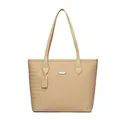 Elegant cream beige woven PU leather tote bag with slim shoulder straps and logo plaque - Apricot