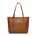 Sophisticated brown large PU leather tote bag featuring a classic woven pattern design - Caramel color