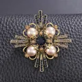 Elegant vintage gold alloy brooch with pearls and sparkling rhinestones for classic suit styling - Pearl Cross Style (XD824108)