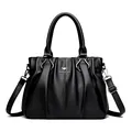 Elegante bolso de mano en cuero negro texturizado con logo de canguro y diseño plisado. - Negro