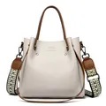 Elegante bolso de mano crema para mujer con asas marrones y correa ancha estampada - Gris claro