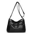 Black washed leather large capacity crossbody shoulder bag for women with multi-pockets - Black