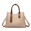 Elegante borsa a mano in pelle PU bicolore con finiture dorate e logo - colore tè al latte
