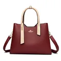 Elegante borsa a mano in pelle PU bicolore bordeaux e beige da donna con logo dorato - Borgogna