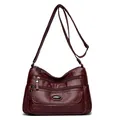 Large capacity burgundy washed leather crossbody bag featuring multiple zipper pockets for women - Red