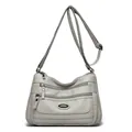 Large capacity washed leather crossbody bag in light grey, stylish shoulder bag for women - Light Gray