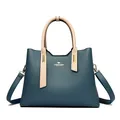 Elegante borsa a mano in pelle PU blu e beige con raffinati dettagli dorati da donna - Blu scuro