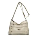 Large capacity beige washed leather crossbody bag with multiple front zipper pockets - Beige