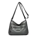 Vintage dark gray washed leather crossbody bag with multiple zip pockets for women - Dark Gray