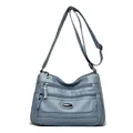 Large capacity stylish dusty blue washed leather crossbody bag with multi-zipper pockets - Blue
