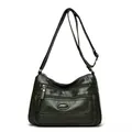 High-capacity dark green washed leather crossbody bag featuring multiple zipper pockets - Green
