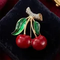 Elegant red enamel cherry brooch with sparkling rhinestones on velvet background - Cherry Shape (XD824179) / Gold And Red Cherry
