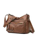 Vintage brown washed leather crossbody bag for women with multi-pocket design - Brown
