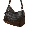 Black washed leather crossbody bag with multiple decorative zippers and silver rivets - Black
