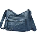 Blue washed leather multi-pocket crossbody shoulder bag with metal rings for women - Blue