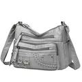 Stylish grey washed leather crossbody bag with multi-zipper pockets for women - Gray