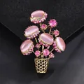 Vintage gold alloy flower basket brooch with pink cat-eye stones and rhinestones - Antique Gold Pink Flower Basket