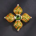 Elegant cross brooch with green gemstone and vibrant orange-green enamel - Enamel Cross Style (XD824107)