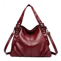 Bolso de mano grande de cuero PU color rojo vino con costuras y correa de hombro ajustable - Rojo