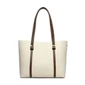 Elegante bolso tote grande blanco crema con asas marrones y logo de canguro grabado - Blanco Roto Y Caqui