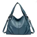 Bolso de mano moderno de cuero PU azul con diseño de patchwork y correa ajustable para mujer - Azul