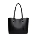 Bolso tote minimalista de cuero negro para mujer con gran capacidad y logo de canguro - Negro con negro