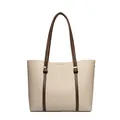 Elegante bolso tote de cuero sintético beige con asas marrones y detalle de logo profesional - Albaricoque con Caqui