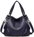 Bolso de mano grande de cuero PU azul marino con costuras de retazos y correa ajustable - Azul marino
