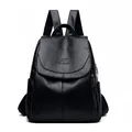 Elegant black soft leather backpack for women featuring a kangaroo embossed logo - Black