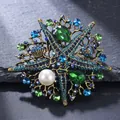 Exquisite vintage alloy starfish brooch adorned with blue rhinestones and a white pearl - Antique Gold Green Starfish