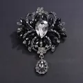 Vintage black and clear rhinestone brooch with large teardrop glass pendant for women - Black