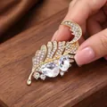 Elegant gold leaf brooch with glittering rhinestones and glass crystals for autumn coats - Gold Pave White Rhinestone Clear Main Stones Leaf Style (XD823174-1)