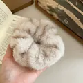 Large soft beige faux fur plush scrunchie hair tie for elegant winter hair styling - Cream White Plush