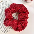 Elegant oversized textured red plush fabric scrunchie hair tie for bun hairstyles - Red