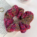 Cozy multi-color plush oversized knit scrunchie hair tie for winter hairstyles - Red Blue Mixed Knit