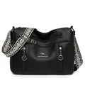 Elegante borsa a tracolla da donna nera con trama litchi e ampia tracolla a motivi - Nero