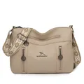 Elegante borsa a tracolla beige in ecopelle con un'ampia tracolla a motivi alla moda - Bianco avorio